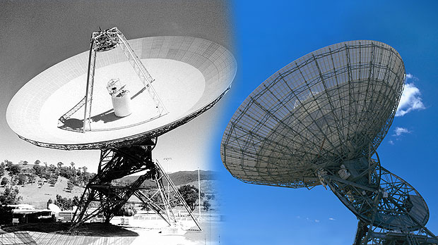 Two photos of the antenna DSS42. Left in black and white showing the surface of the dish, right in colour showing the dish from side on against blue sky