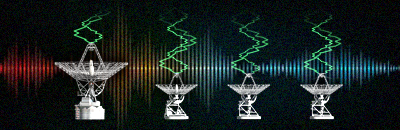 Drawing of one large antenna and three small ones transmitting data with a funky backgroud